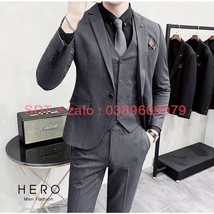 Bộ vest nam cao cấp dáng ôm body Hàn Quốc màu ghi chì, Bộ suit nam Hàn Quốc