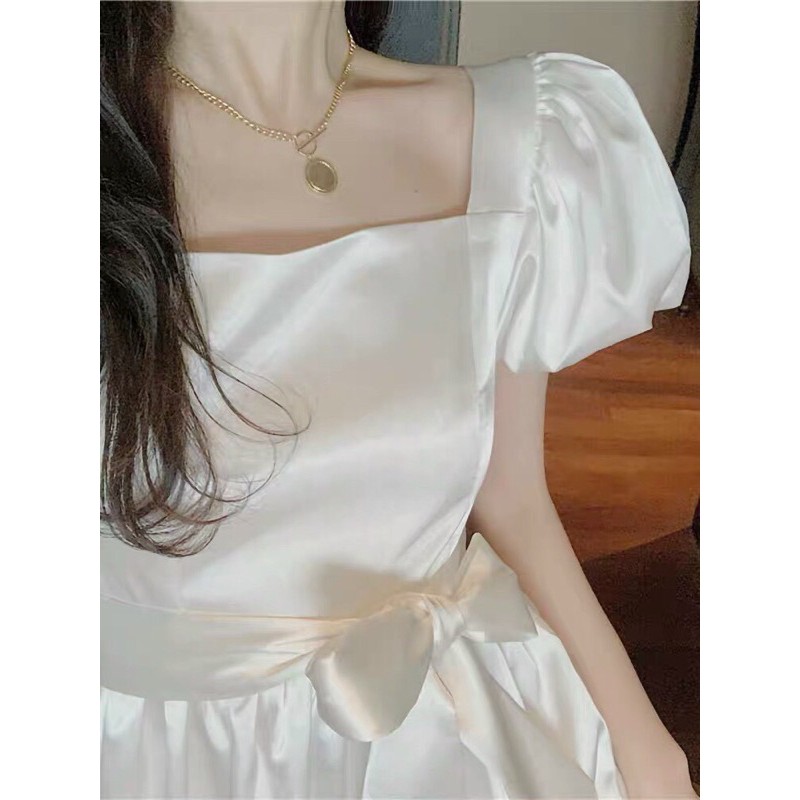 Đầm midi phi lụa trắng nữ tay phồng váy lửng xoè tiểu thư công chúa vintge ulzzang | BigBuy360 - bigbuy360.vn