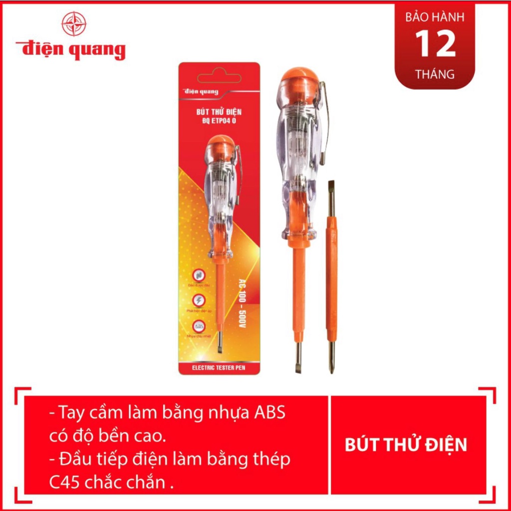 Bút thử điện Điện Quang ĐQ ETP04 O, hàng cao cấp chính hãng, 2 đầu vít , dài 160mm, nhựa chịu nhiệt, bền