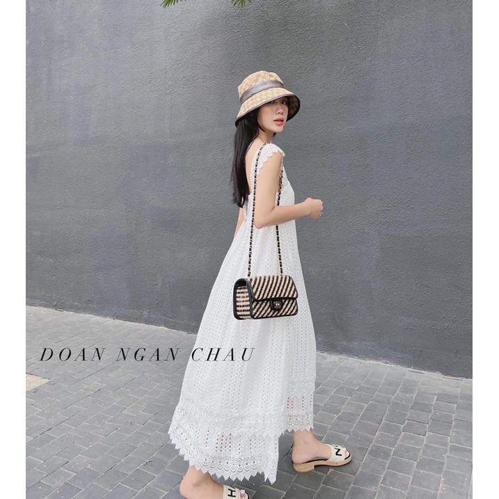 Đầm maxi trắng 2 dây ren hoa chất xô dày
