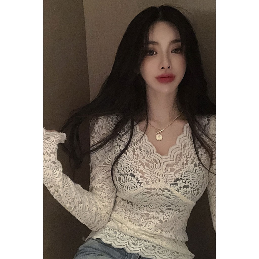 Áo ren dài tay cổ V ôm eo ngực thon gọn sexy điệu đà tiểu thư sang chảnh