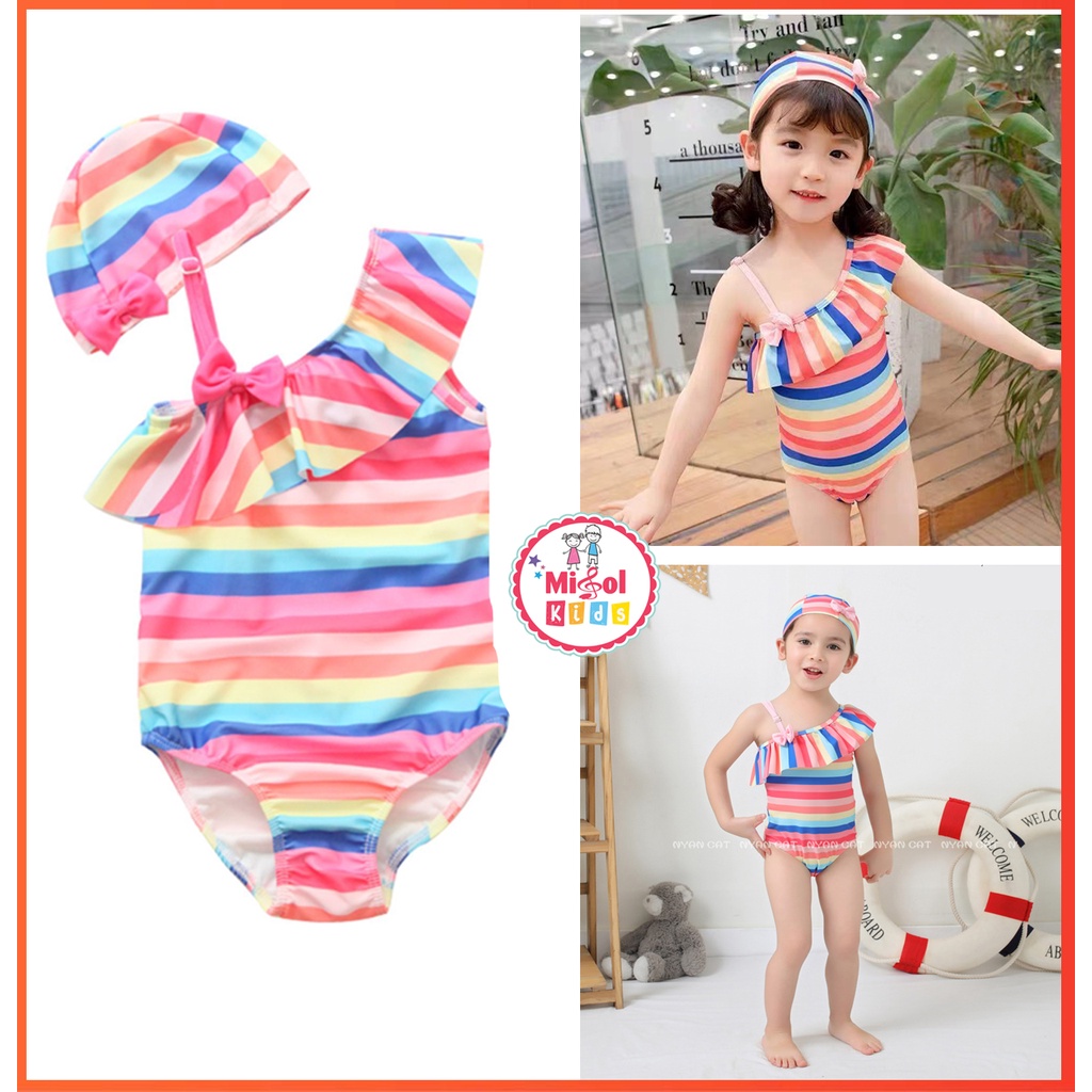 Đồ bơi cho bé gái kẻ sọc cầu vồng lệch vai kèm mũ 7 màu liền thân chất siêu đẹp 1-8T - Misolkids by huong274