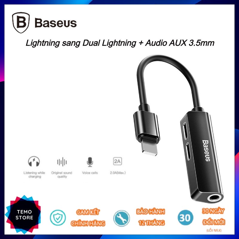 Jack Chuyển Đổi Tai Nghe Iphone 3 in 1 L52 Baseus - Vừa Sạc Vừa Nghe - Chân Lightning Hỗ Trợ Đàm Thoại - Chính Hãng