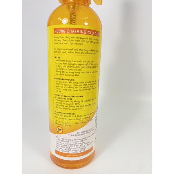 Nước Hoa Xịt Phòng Cao Cấp Sumo 350ml 5 Mùi Hương Chanette/Lavender/Hoa Cỏ/Charming/Essence Dễ Chịu