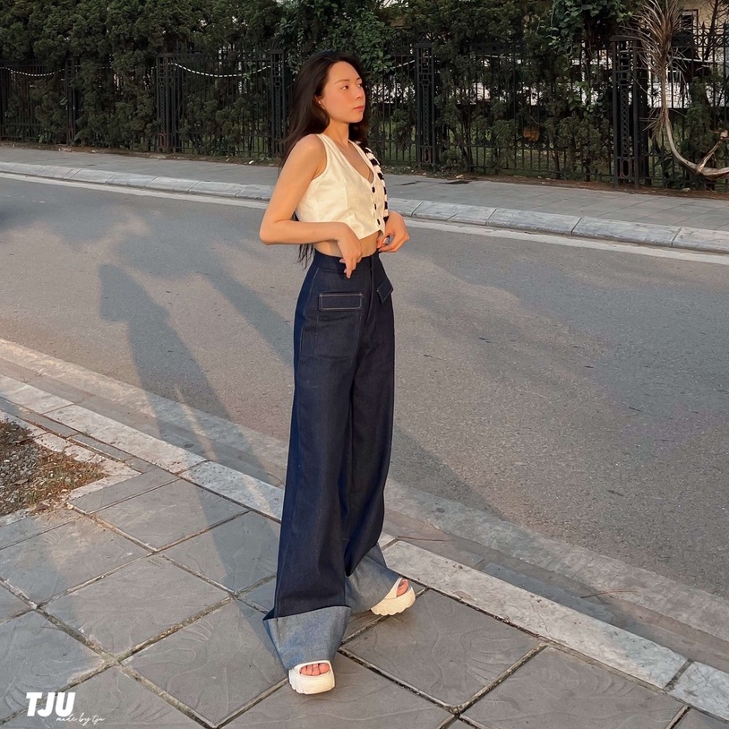 Quần jean nữ cạp cao ống rộng gấu gập phối 2 túi trước, Quần bò nữ ống rộng gập gấu ulzzang, thiết kế T-Ju (jeans cici) | BigBuy360 - bigbuy360.vn