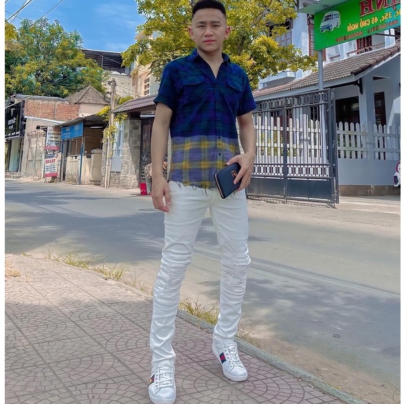 Quần Jeans Nam Amiri Màu Trắng Rách Gối Vá Da, Quần Bò Nam Trắng Trơn Siêu Cấp Chất Đẹp Không Phai Màu