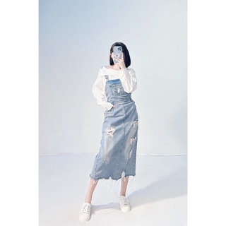 Set đầm yếm jean 2 dây rách xẻ tà (kèm áo)