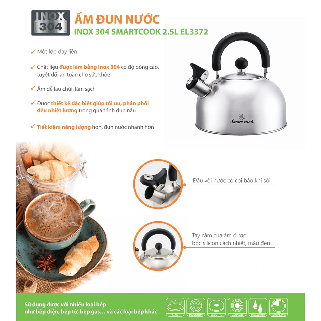 Ấm Đun Nước Siêu Tốc Bằng inox 304 Elmich Smartcook SM-3372
