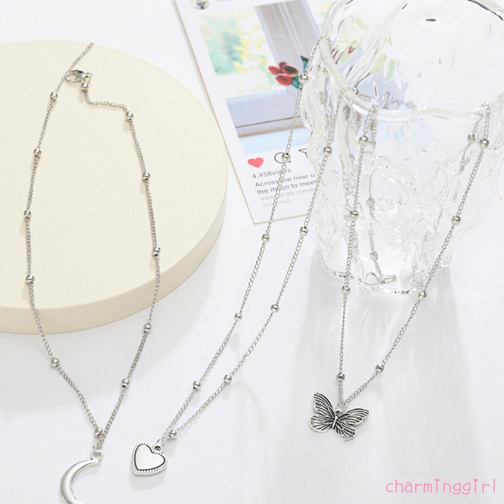Bộ 3 Vòng cổ hợp kim mặt hình bướm mặt trăng trái tim sáng tạo cho nữ