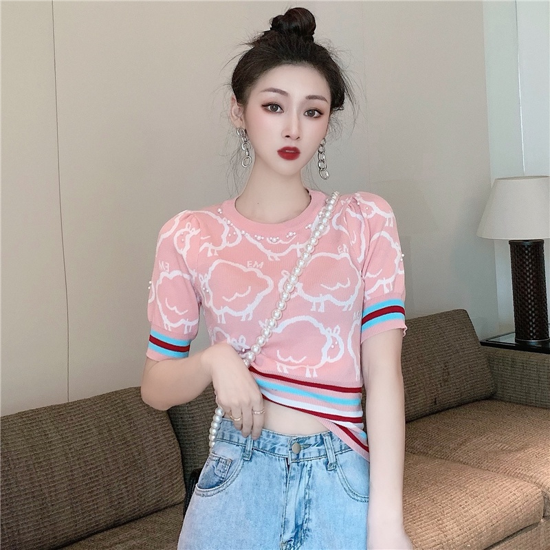 Áo thun ZHELIHANGFEI tay ngắn dệt kim lụa lạnh eo cao đính ngọc trai phong cách Pháp thời trang mùa hè dành cho nữ