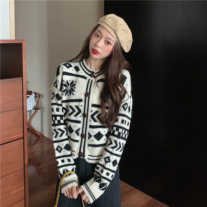 Korean sweater knitted snowflake pattern long-sleeved cardigan women's clothing