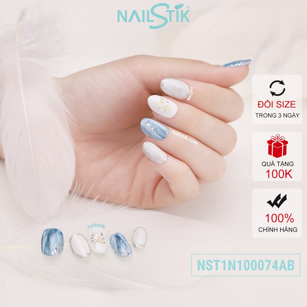 Móng úp thiết kế by NAILSTIK, màu xám, xanh dương, form móng bầu, ngắn/dài, 074