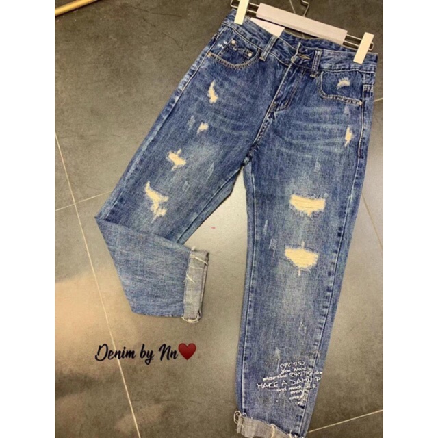 Quần baggy jean rách in gấu và logo, kèm hình thật