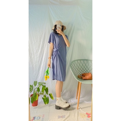 Đầm thun xanh phối chéo