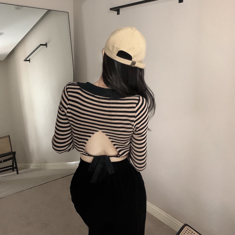 Áo thun polo dệt kim tay dài dáng ôm kẻ sọc thiết kế quyến rũ | BigBuy360 - bigbuy360.vn