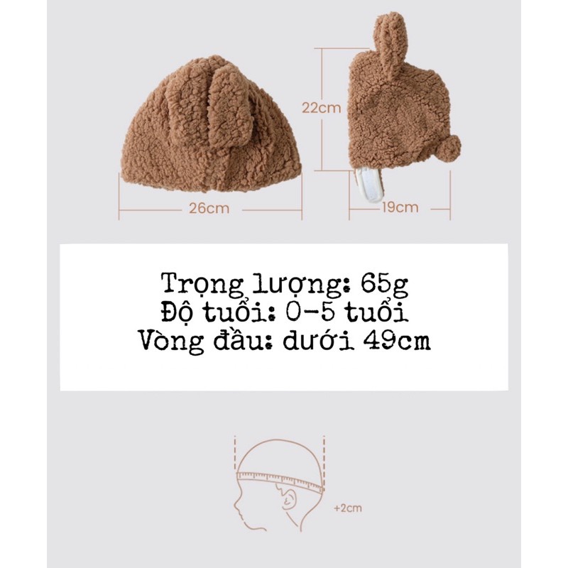 Mũ lông xù tai thỏ cho bé trai/gái 1-5 tuổi vòng đầu 48cm ms26608