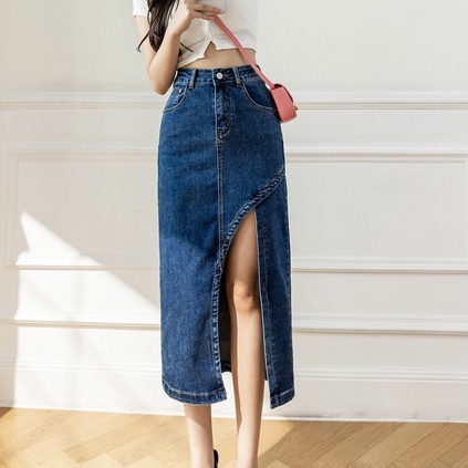 Chân váy nữ jean/ kaki cạp cao, chân váy midi dài qua gối phong cách_a19