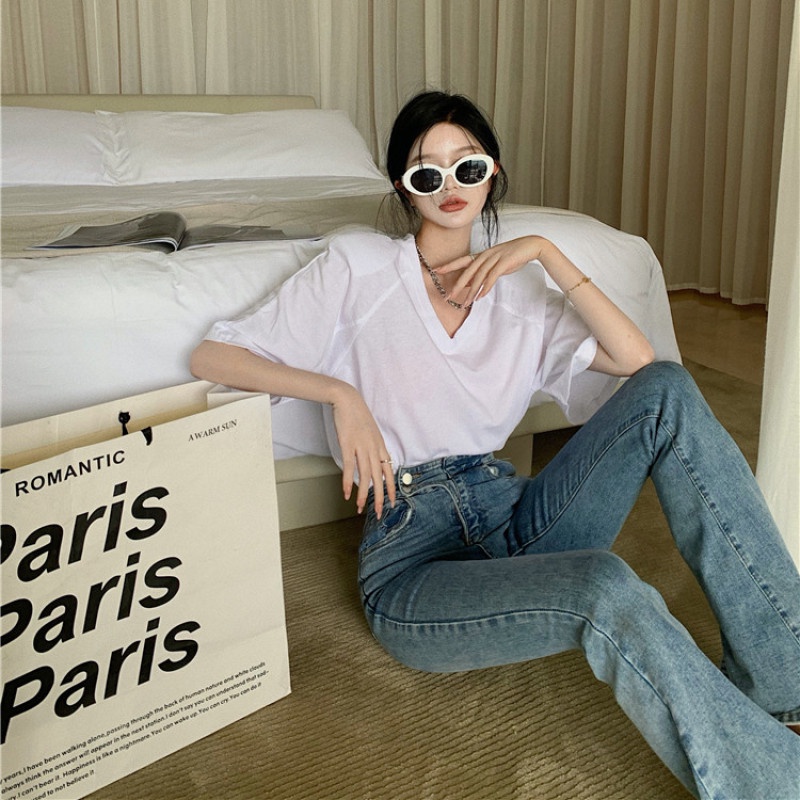 Áo Kiểu Tay Ngắn Cổ Chữ V Form Rộng Kiểu Dáng Đơn Giản