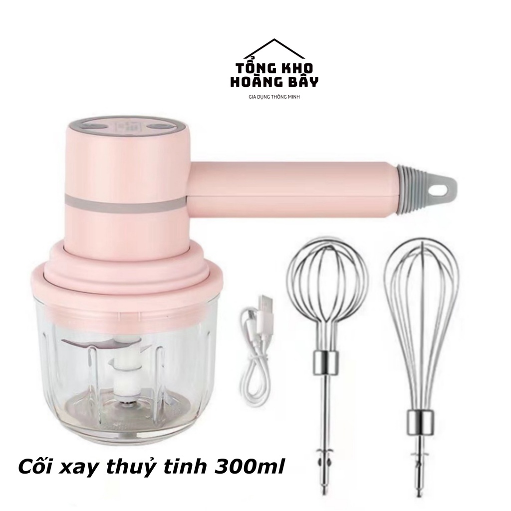 Máy xay thịt, xay tỏi ớt đa năng 300ml kết hợp máy đánh trứng, trộn bột dùng sạc tích điện tiện lợi