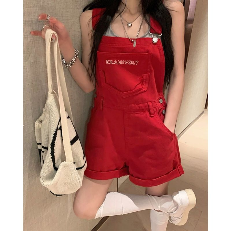 Quần Yếm Denim Ngắn Lưng Cao Ống Rộng Thời Trang Mùa Hè Phong Cách Mới Cho Nữ