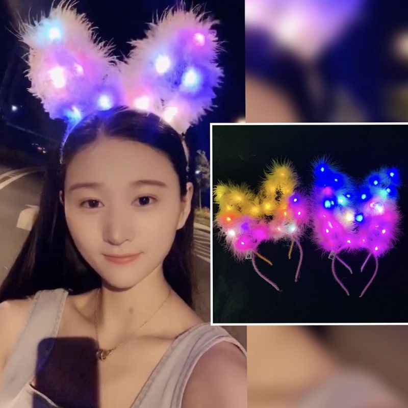 Băng Đô Cài Tóc Đính Lông Vũ Và Tai Thỏ 14 Đèn LED Phát Sáng Cho Nữ
