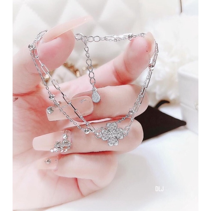 Lắc tay dây kép cỏ 4 lá chơ nữ hàng hot trend- chuẩn bạc