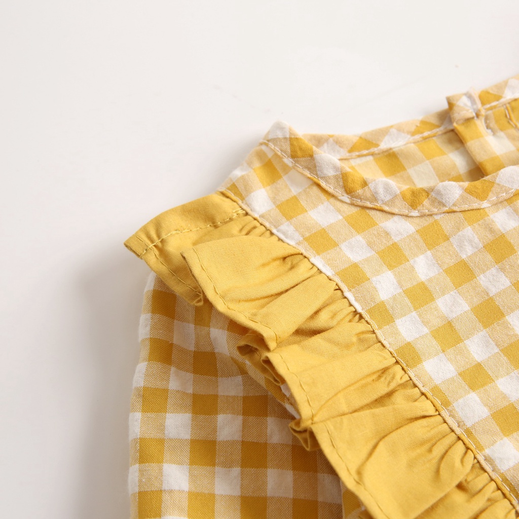 Áo liền quần SANLUTOZ tay dài họa tiết kẻ sọc ca rô xinh xắn dành cho bé gái