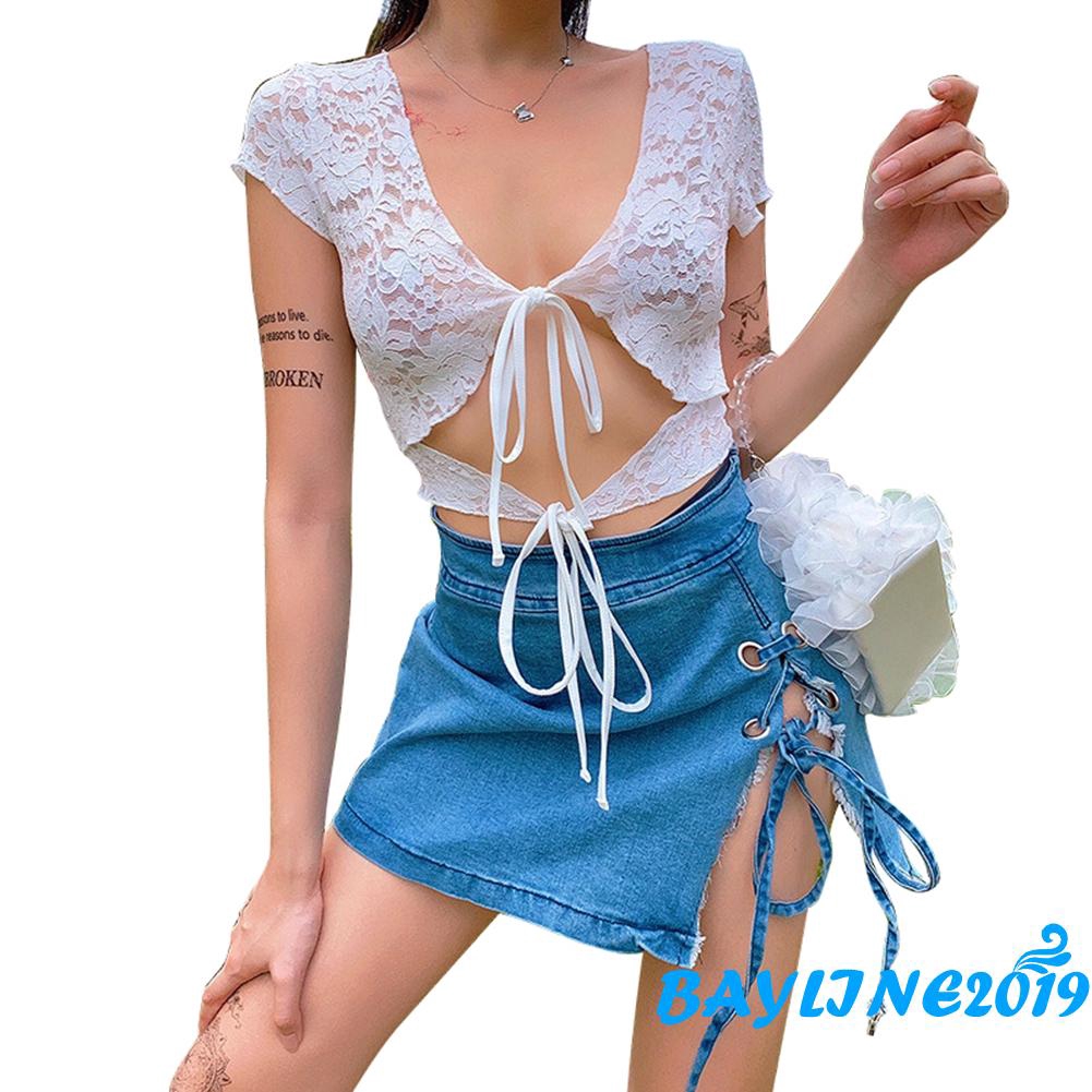 Áo crop top tay ngắn phối ren hoa thời trang quyến rũ dành cho nữ