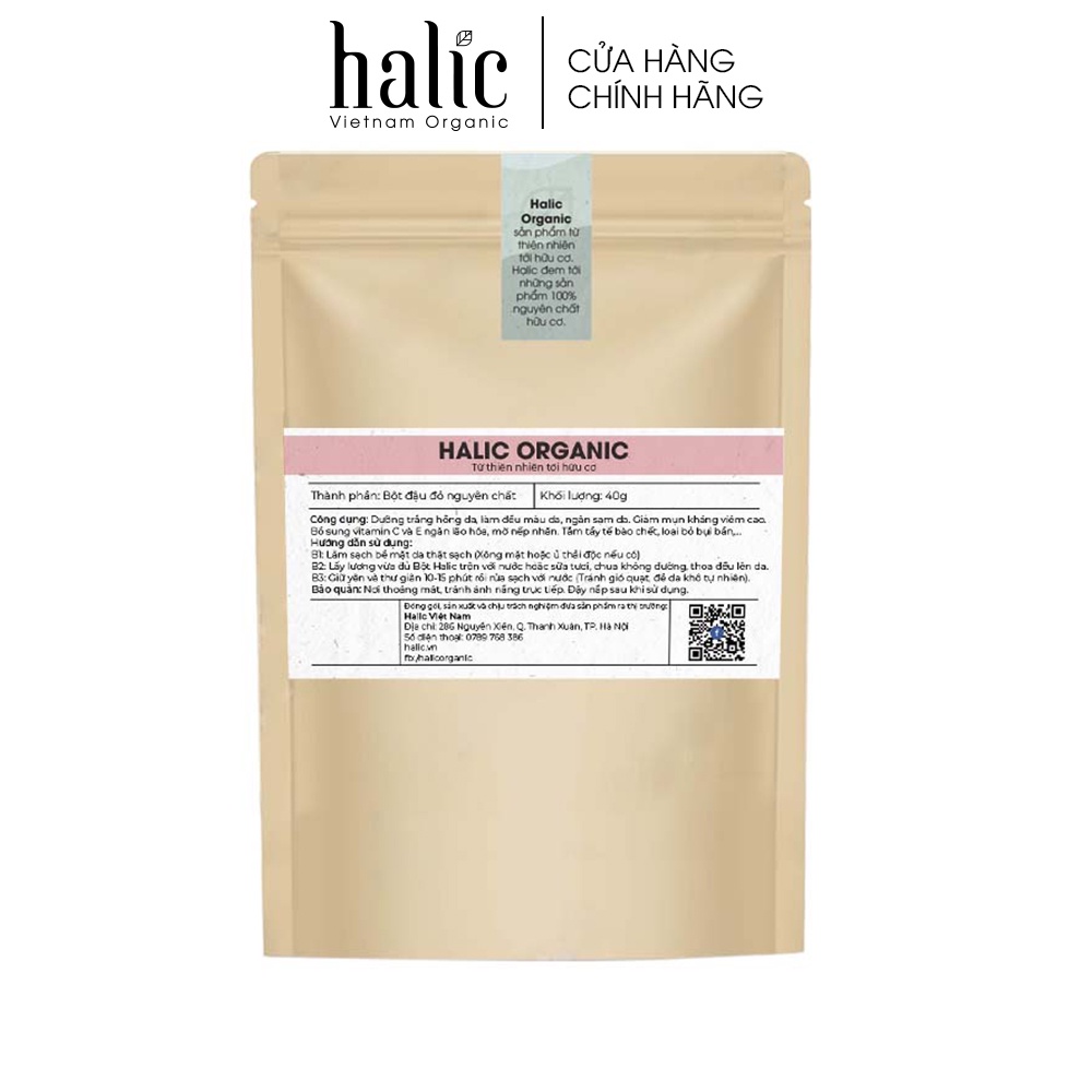 Bột Đậu Đỏ tắm trắng nguyên chất Halic Organic 40G đắp mặt nạ tắm trắng da, tẩy tế bào chết, mờ thâm nám