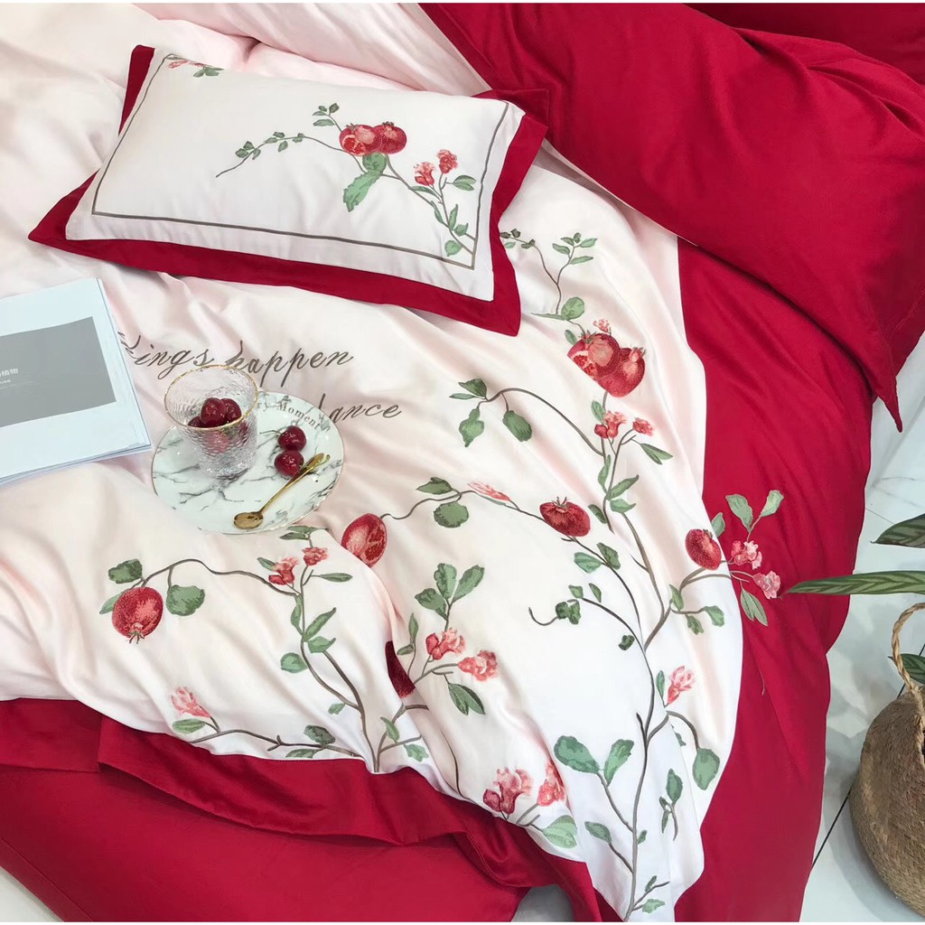 Drap bọc chăn ga lụa cao cấp, thêu Lựu đỏ sung túc và sang trọng