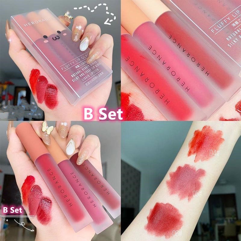 Set 3 Son Kem Lì HERORANGE Fluffy Lip Glaze - Son nội địa Trung