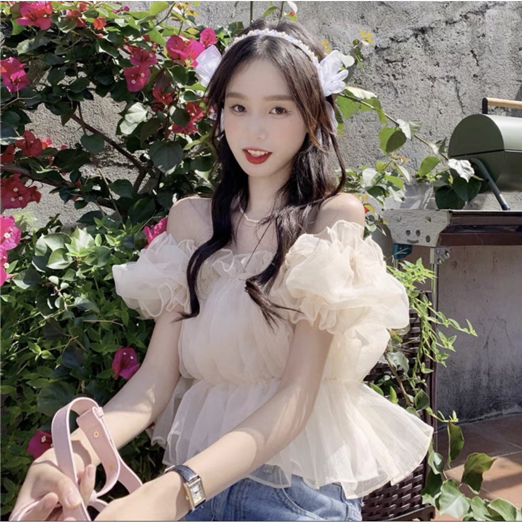 Áo croptop trễ vai voan tơ xếp ly bồng bềnh- Beautyone