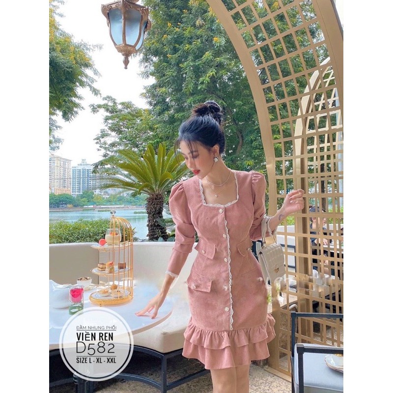 đầm nhung phối viền ren bigsize 55kg-90kg 🛍🛍