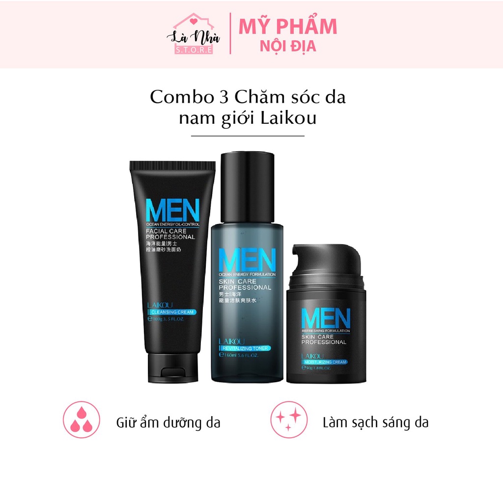 BỘ SẢN PHẨM LAIKOU Chăm Sóc Da Mặt Cho Nam 50g Kem Dưỡng Ẩm + 100g Sữa Rửa Mặt + Bộ Dưỡng Da Kiểm Soát Dầu Toner 160ml