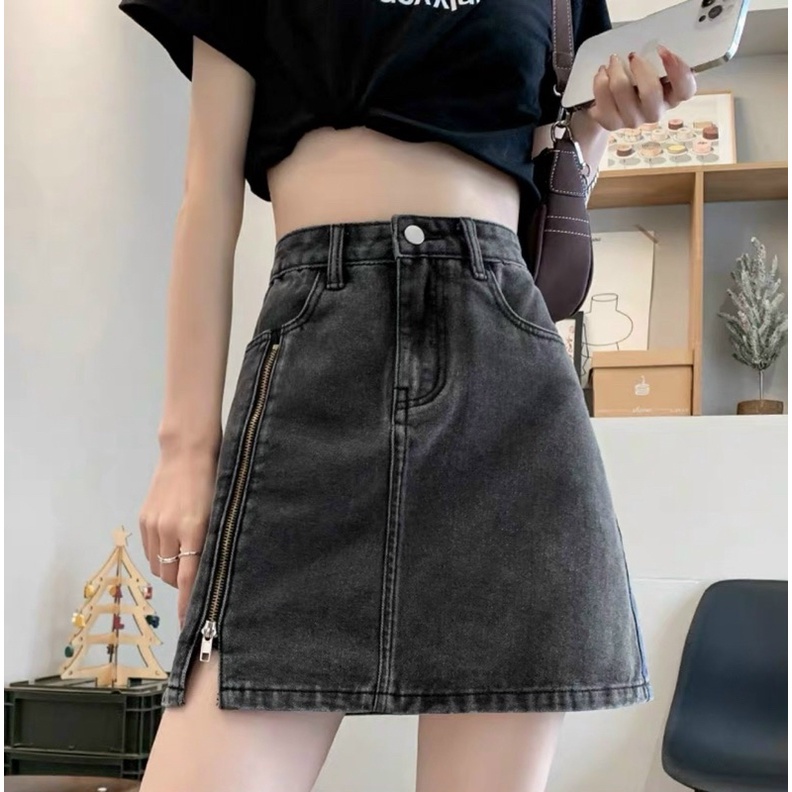 Chân Váy Jeans Co Dan Chữ A Ngắn Nữ Cạp Cao Khoá Kiểu Ở Đùi