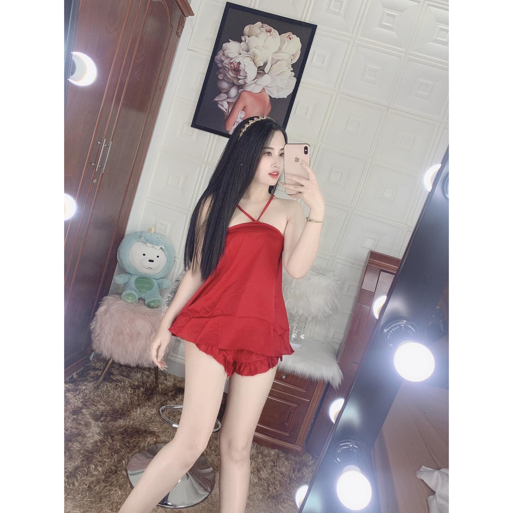 Đồ ngủ sexy 2 dây 💕Freeship 💕Đồ ngủ sexy 2 dây chất lụa satin mềm mịn dạng yếm siêu xinh Freesize dưới 60kg