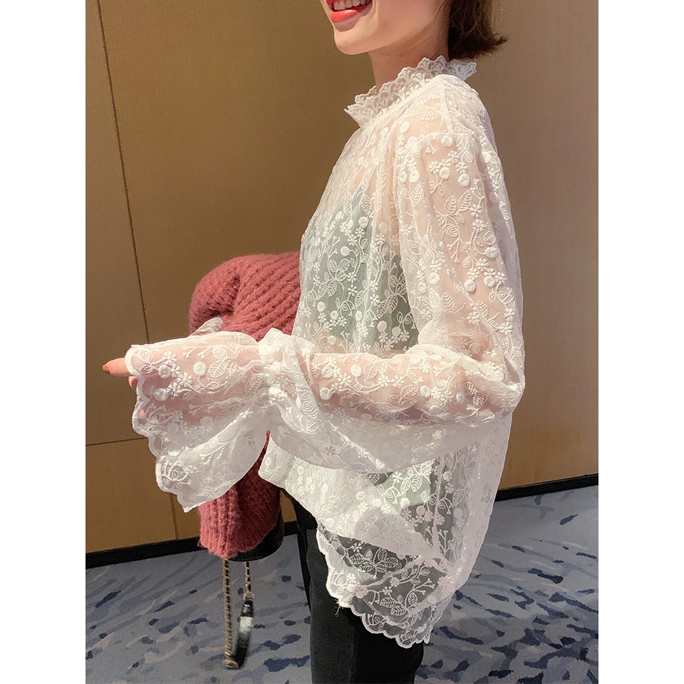 SUXI Áo kiểu tay loe dài phối ren hoa phong cách vintage