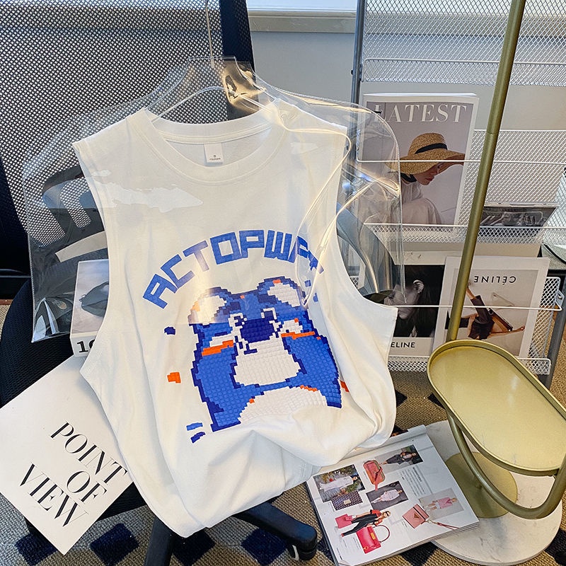 Áo không tay nữ Cổ Tròn Họa Tiết Hoạt Hình Phong Cách Hàn Quốc Thời Trang Mùa Hè