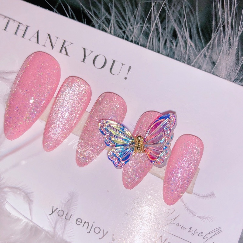 Móng úp mắt mèo cầu vồng màu hồng kèm nơ lấp lánh xinh lung linh kèm keo và dũa