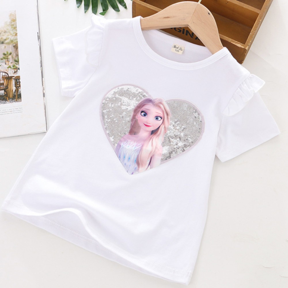 Áo thun cổ tròn tay ngắn in hình công chúa thời trang mùa hè dành cho bé gái