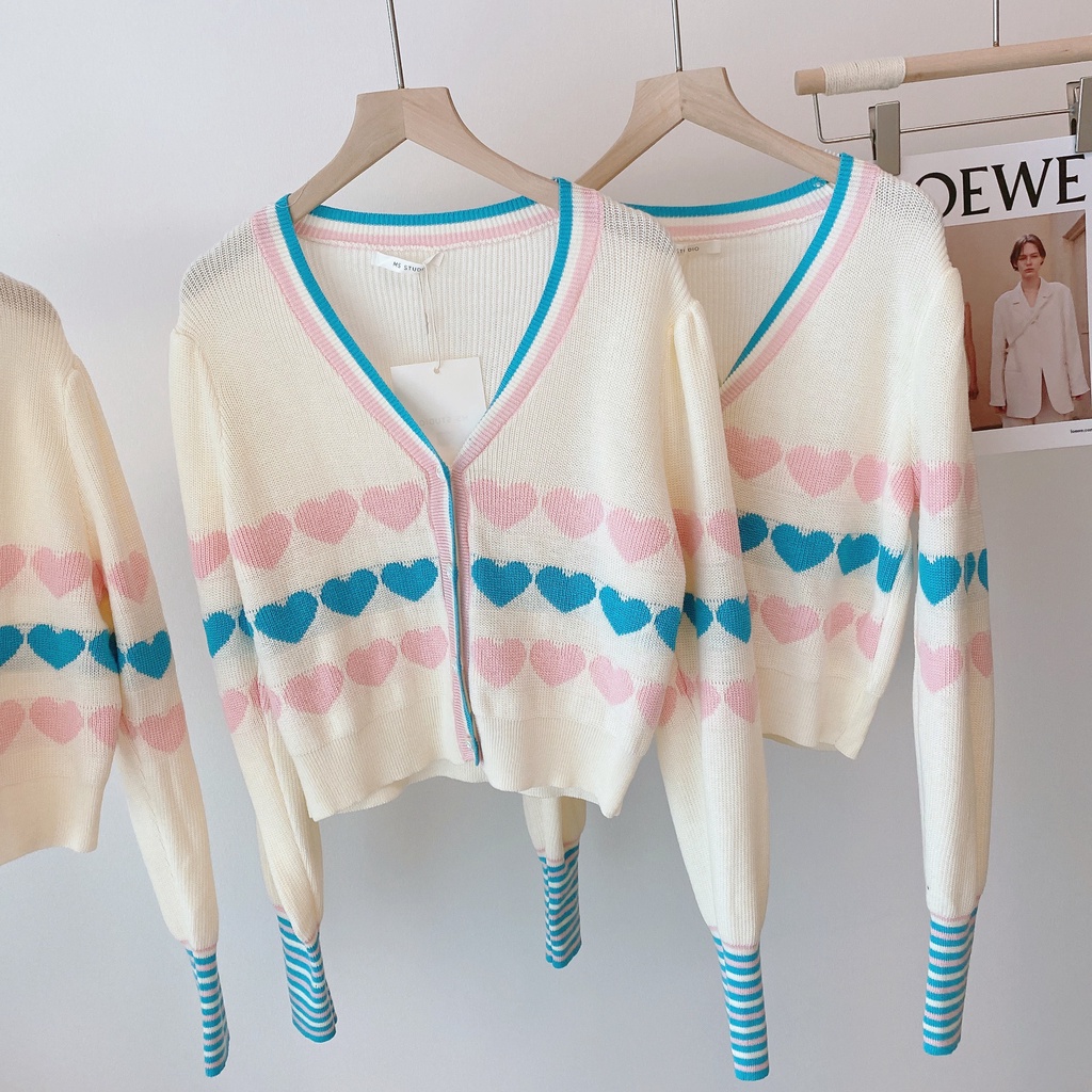 Áo Khoác Cardigan Dệt Kim Tay Dài In Hình Trái Tim Phong Cách Hàn Quốc Thời Trang
