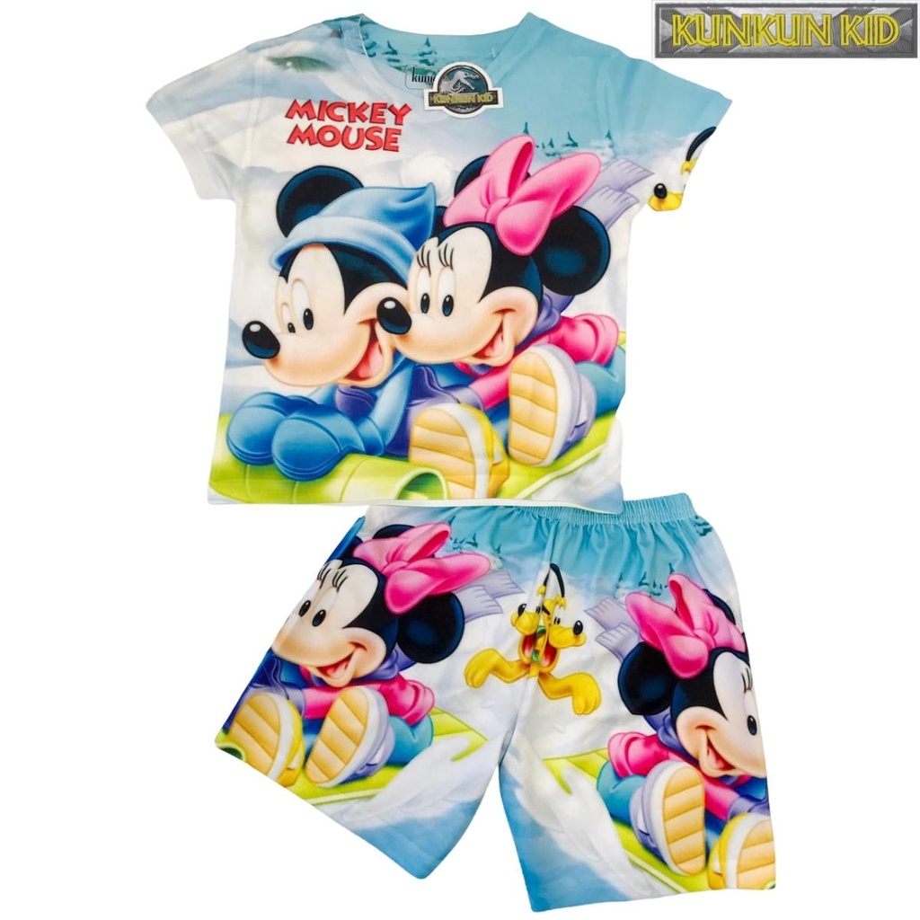 Đồ Bộ Tay Ngắn Thun Lạnh In Hình 3D Hoạt Hình Mickey Trượt Tuyết Cho Bé Trai và Bé Gái Từ 10-60kg Kunkun Kid TP368