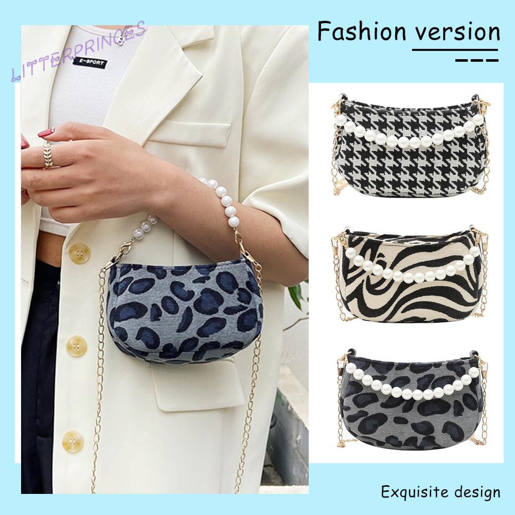 Litterprinces Fashion Women Print PU Shoulder Crossbody Bag Casual Pearl Chain Handbags