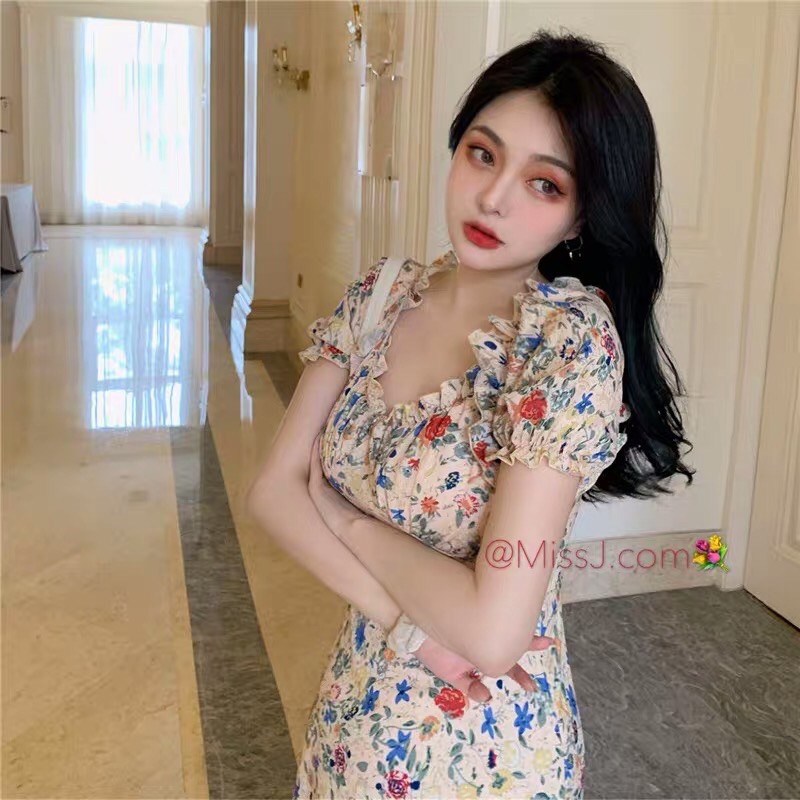 Váy Đầm Tay Phồng In Hoa Kiểu Pháp Thời Trang Cho Nữ