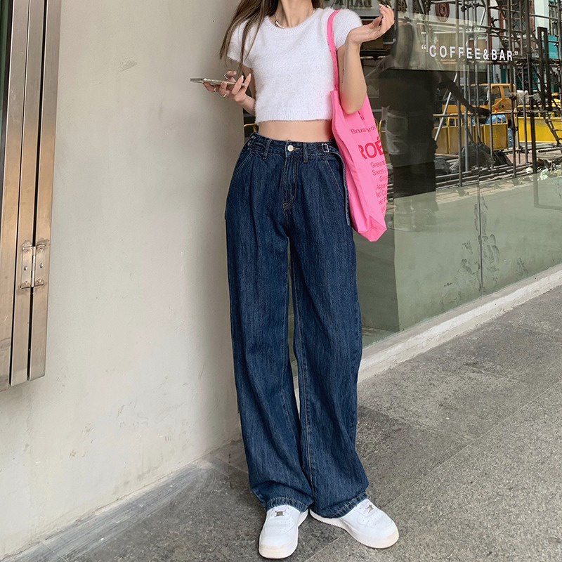SUXI Quần jean ống rộng lưng cao phong cách Hàn Quốc thời trang mùa hè dành cho nữ