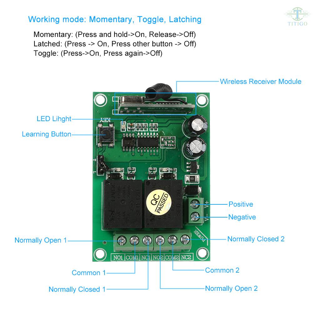 Smart Home 433Mhz RF DC 12V 2CH Learning Code Wireless Remote Control Switch Relay Receiver Transmitter Universal Remote Switch System and Long Range 500M RF Transmitter Remote Controls 1527