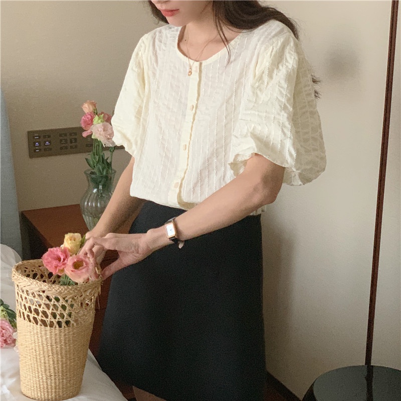 SUXI Áo Thun Tay Ngắn Cổ Tròn Màu Sắc Đơn Giản Phong Cách Vintage Hàn Quốc