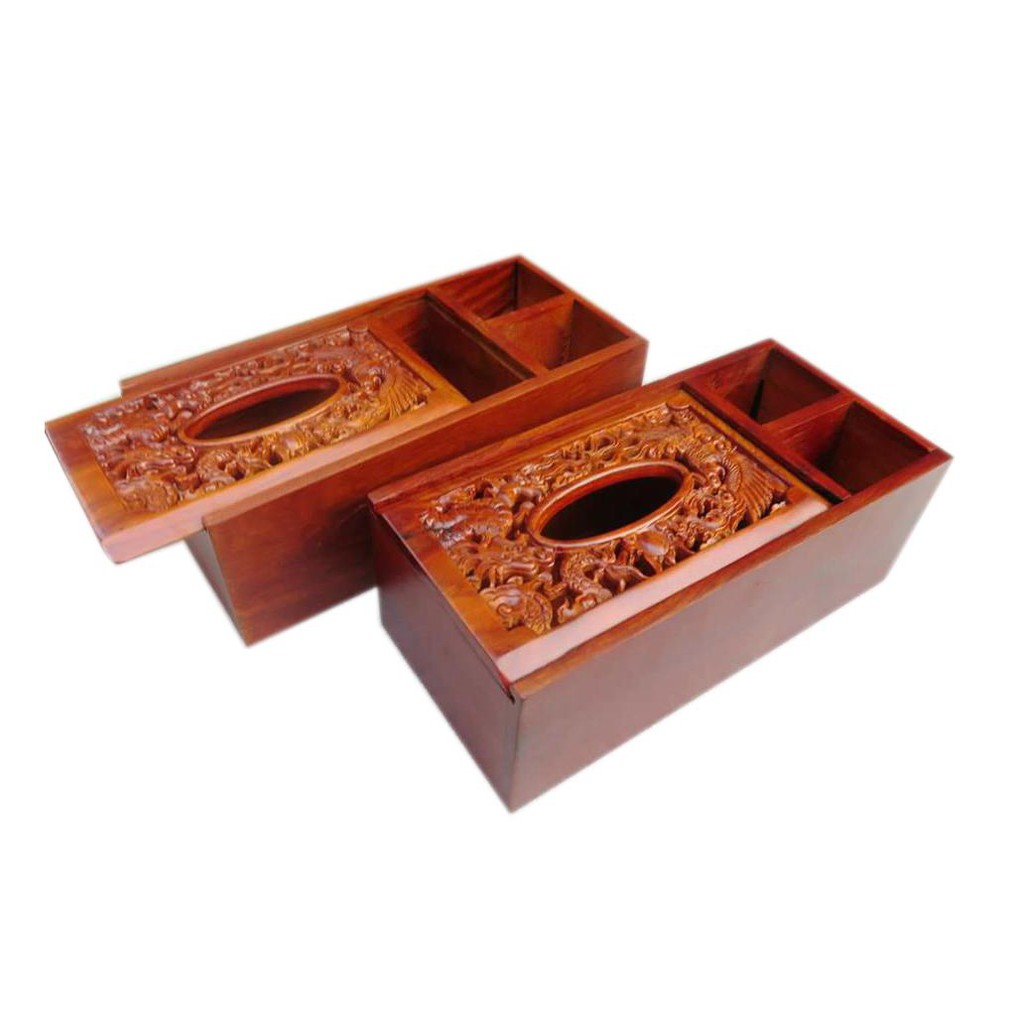 Hộp đựng khăn giấy 3 ngăn bằng gỗ hương ta đỏ cao cấp (VTU6)