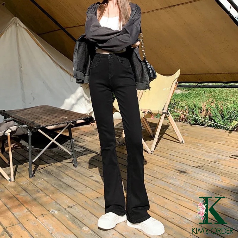 Quần Jeans Ống Loe Nữ Màu Đen Nâu Cạp Cao Loại 1 Chất Jean Kaki Co Dãn Style Hàn Cá Tính Mặc Hàng Ngày Có Bigsize