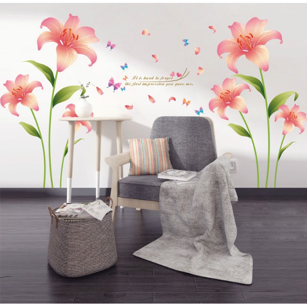 Decal trang trí Tường Hoa Loa Kèn Hồng Kem